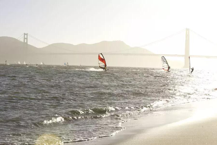 Windsurfers in the San Francisco Bay just off Crissy Field.